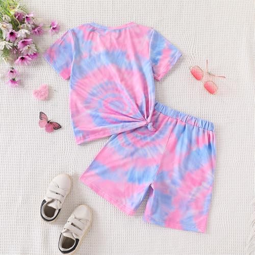 Image of 7-14Y Tween Girl Clothes 2 Piece Short Sleeve Tie Dye Heart Print Top and Shorts Teen Girl Summer Outfits Short Set