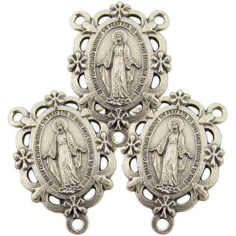 Silver Toned Miraculous Medal Rosary Centerpiece Charm, Jewelry Making Kit for Adults, Pack of 3, 1 1/4 Inch Cover
