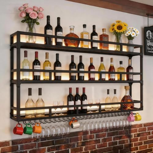 PIKYsailed 31 Inch Metal Wine Rack Wall Mounted, Bar Shelves Wall Mounted with LED Light, Large...