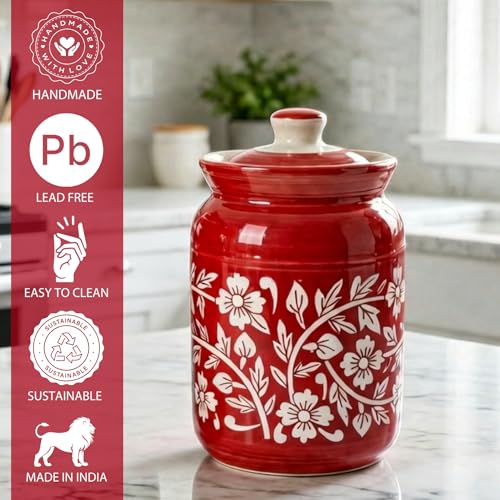 Image of Orange Floral Printed Ceramic Handglazed Pickle Jars Set of 1-1000 ML Each | 1 kg Achaar Martban Barni Jar with Lid | Ceramic Storage Jar Container Pickle /Achar, Chatney