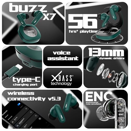 Image of Dubstep Buzz X7 in-Ear Wireless Earbuds with Up to 56 Hours Playtime, 13mm Dynamic Drivers, X-Bass Technology, ENC Mic, Bluetooth 5.3, Dual Music /Game Mode, Type-C Fast Charging (Green)