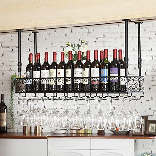 Casier à vin suspendu en métal noir 80x25 cm avec porte-verres