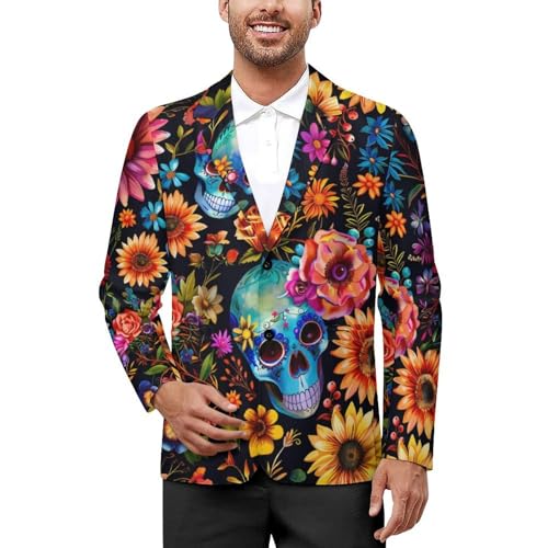 Skull And Flowers Day of The Dead Mens Casual Blazer Button Suit Jacket Lightweight Sport Coat for Work Business