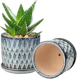 Oairse Plant Pots Indoor Set of 2 Ceramic Flower Pots 12CM 14CM Small Garden Planters with Saucers Tray and Drainage Holes, Blue Succulent Plant Pot Cactus Plant Pot pour Indoor Plant Mini Herb