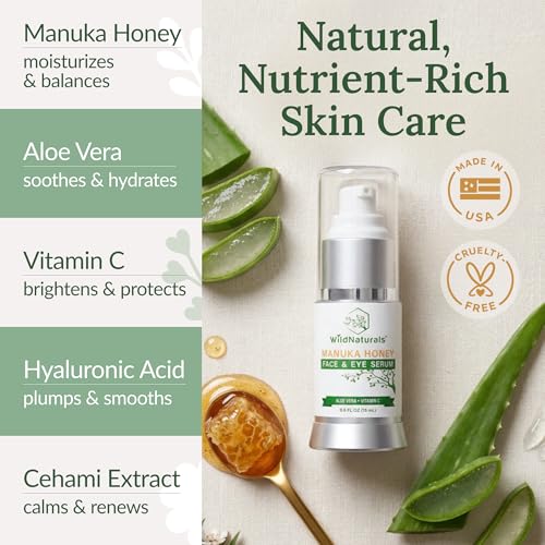 Wild Naturals Manuka Honey Face & Eye Serum with Vitamin C, Hyaluronic Acid – pH Balanced Anti-Aging Facial Serum for Dark Circles, Bags, Fine Lines, Wrinkles – Cruelty Free & Made in USA – 0.5 Fl Oz