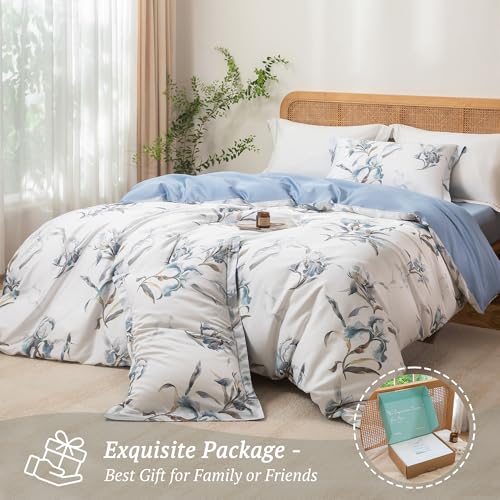 MILDLY Cal King Size Duvet Cover Set 100% Long-Staple Cotton Luxury White & Blue Floral Patten Reversible Comforter Cover Set 3Pcs