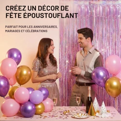 Rusudiy 4X Lametta 1m x 2,5m, Tenture à Franges Métalliques, Fond Photo Fête, Décoration Anniversaire Fille, Thème Princesse Licorne, Baby Shower Rose, Sweet 16, Photobooth Brillant Party (Rose pâle) – vue 6