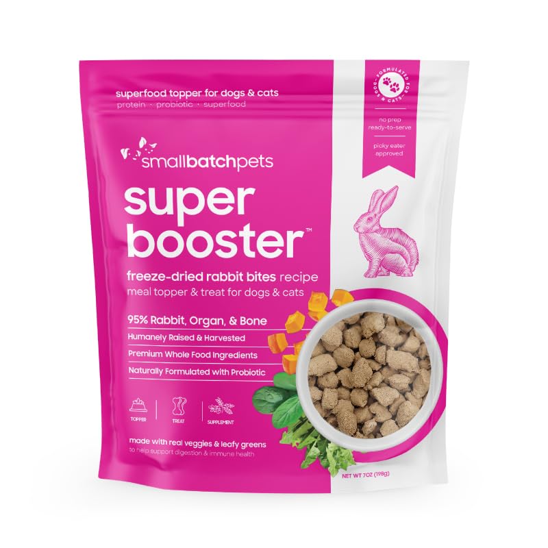 smallbatch Pets Freeze-Dried Super Booster Rabbit Bites for Dogs & Cats, 7 oz, Made in The USA, Humanely Raised Single Protein Source, Topper & Treat, with Organic Vegetables and Probiotics