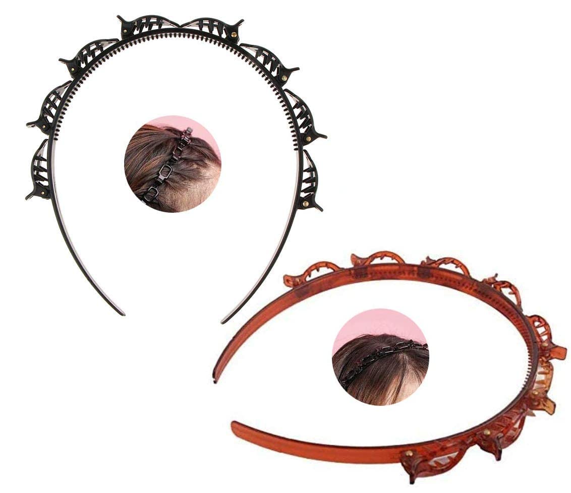 Twist Hairband 2 Pcs,Trunk Hair Hair Band, Hairstyle Braid Tool,Barrettes for Thin or Thick Hair, Alligator Clips.Korean Style Hairband With Teeth Comb for Girls and Women(Brown and Black)-image-38