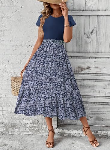 Image of Dokotoo Women's 2026 Summer Dress Short Sleeve Crew Neck Casual Floral Print Long Flowy Dresses Maxi Dresses