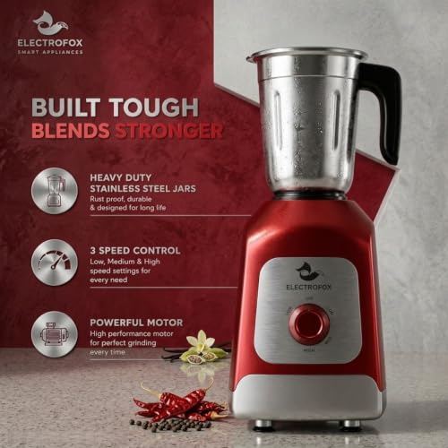 Image of Electrofox PowerMax Mixer Grinder 750 watt with 3 Stainless Steel Jars | Heavy Duty Motor | Mixer Grinder for Kitchen with 3 Speed Control & Pulse Function 4 Years Warranty (Red & Silver)
