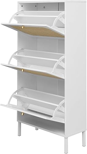 Miniatura 6 de ZeHuoGe Zapatero de ratán natural con 3 cajones abatibles, armario de almacenamiento estrecho blanco con patas de metal para tacones, zapatillas,
