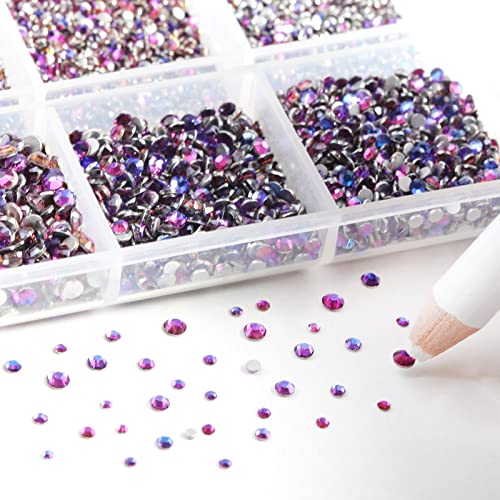 Image of Beadsland 7200pcs Flatback Rhinestones,Purple Rhinestone Nail Gems Round Crystal Rhinestones for Crafts,Mixed 6 Sizes with Wax Pencil Kit, SS3-SS10, Purple Velvet | Glass Nail Gems, Round Crystal, With Wax Pencil Kit, SS3-SS10