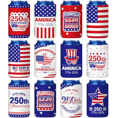 Image of Yungyan 12 Pcs 4th of July American Can Cooler Patriotic Sleeves 250th Anniversary for 1776-2026 Independence Day Red Blue USA Flag Accessories Memorial Day for Party Favors Decoration(Classic Style)