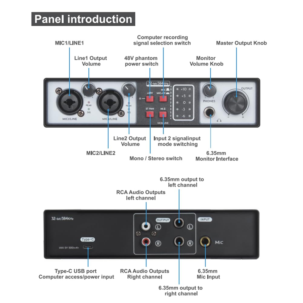 VENEKA Karta dźwiękowa Zewnętrzny interfejs audio USB 2 w 2 wyjściach USB karta dźwiękowa do komputera sterownik nagrywanie z miksera karaoke