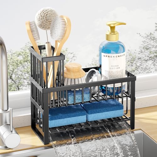 Image of Kitsure Sponge Holder for Kitchen Sink, 9.3 inch x 4.1 inch x 8.5 inch, Black