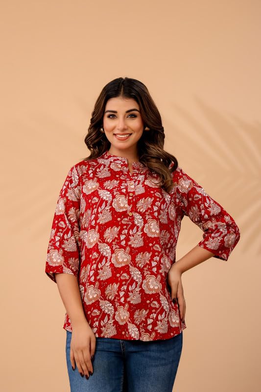 Image of Women's Cotton Printed Kurta Top | 3 /4 Sleeve Straight Kurti Casual Outings