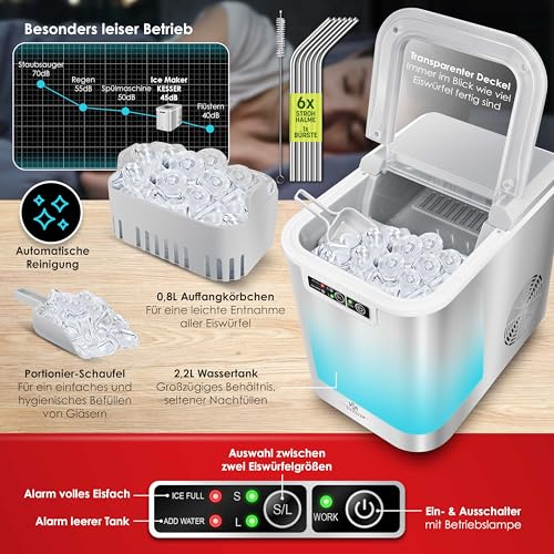 Kesser - Máquina para hacer cubitos de hielo, acero inoxidable, 12 kg/24 h, preparación en 7 minutos, 2,2 litros, 2 tamaños de cubitos, pantalla LED, función de autolimpieza, color plateado miniatura 6
