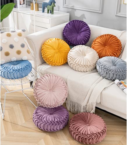 NatureMan Rundes Sofakissen, 34,8 cm, reiner Samt, Heimdekoration, plissiertes rundes Kissen, Kürbiskissen, geeignet für Zuhause, Bett, Auto, Dekoration (Rosa)