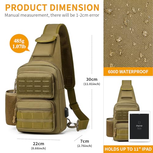 HUNTVP Taktische Brusttasche Herren Sling bag Militär Schultertasche Umhängetasche Tactical Chest Bag MOLLE Crossbody Bag für Alltag Reisen Wandern Camping (Braun)