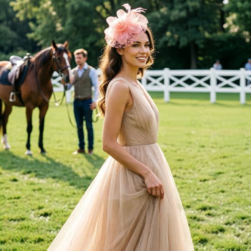 Image of DRESHOW Fascinators Hat Flower Mesh Ribbons Feathers on a Headband and a Clip Tea Party Headwear for Girls and Women