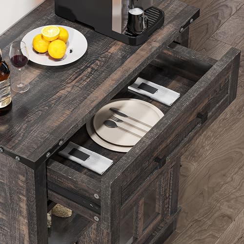 DWVO Farmhouse Coffee Bar Cabinet, Sideboard Buffet Cabinet with Drawer & Adjustable Shelves, Storage Cabinet with Sliding Barn Door for Kitchen and Living Room, Dark Rustic Oak
