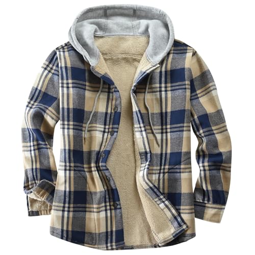 Image of Men's Cotton Plaid Shirt Jacket Fleece Flannel Sherpa Button Down