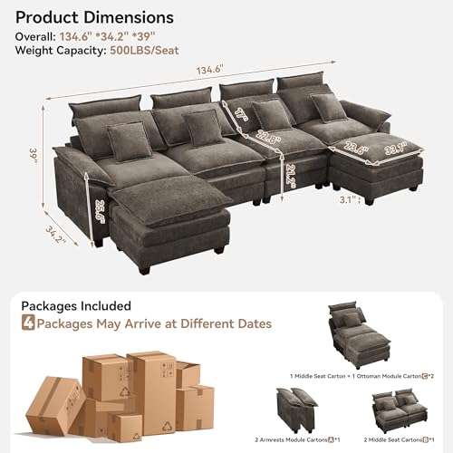Image of 134'' Cloud Modern 4 Seater Couch with Detachable Headrest, Modular Sectional Sofa with 2 Ottomant, Oversized U Shape Chenille Comfy Sofa with Armrests for Living Room, Brown