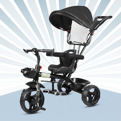 Image of BABY SMILE 4-in-1 Kids Tricycle with Adjustable Canopy, Parent Push Handle, Red and White (Black)