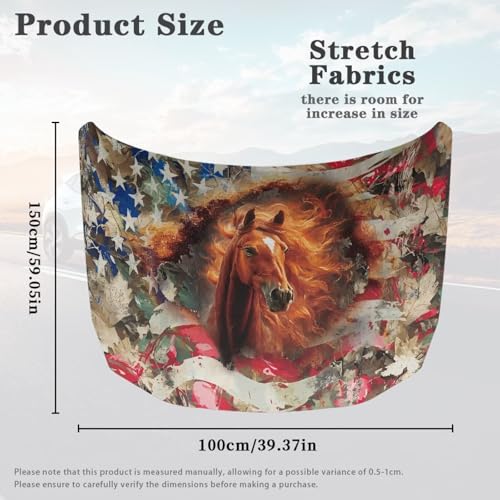 Image of Car Hood Cover Horse American Flag Print Car Hood Wraps Auto Banner Stretchable Auto Decorative Accessories for Compact Sedans SUV Trucks (59x39 Inch)