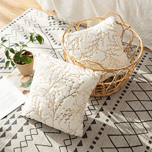 Ligicky Set Of 2 Fluffy White Faux Fur Pillow Covers With Gold Branches Glitter Printed Throw Pillows Decorative Soft Furry Sparkling Square Cushion Cases For Sofa Bedroom Party Décor, 12 X 12 Inch #TOP2