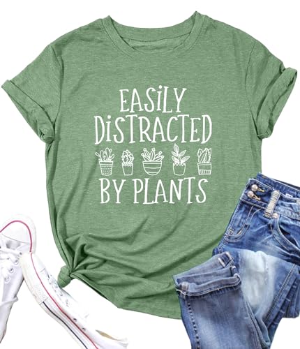Garden Plant Shirt for Women Easily Distracted by Plants Graphic Tees Gardening Plant Lover Gifts Blouse Tops Green