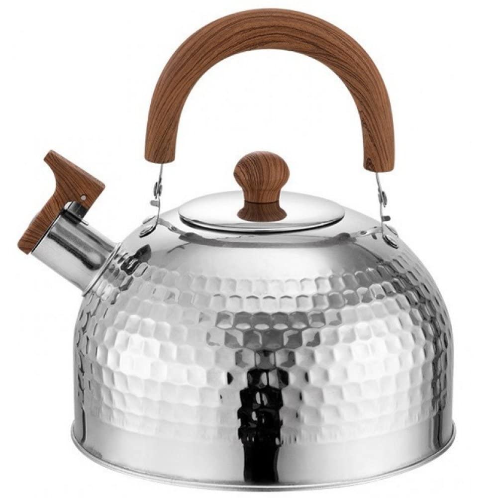 Casiler Silver 2L Tea Kettle Stainless Steel Whistling Tea Kettle For Stove Food Grade Teapot With Wood Pattern Handle For Coffee Tea Milk