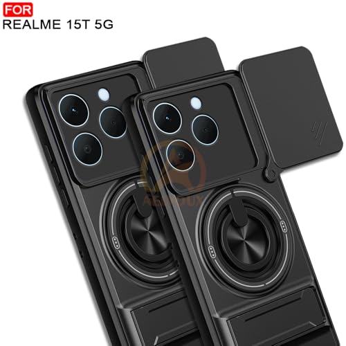 Image of Realme 15T 5G / Realme Narzo 90 5G Back Cover | Armor Camera Slider 360 Degree Rotating Finger Ring Holder Case with Bracket Stand Back Case Cover (Compatible with MagSafe Accessories) (Black)