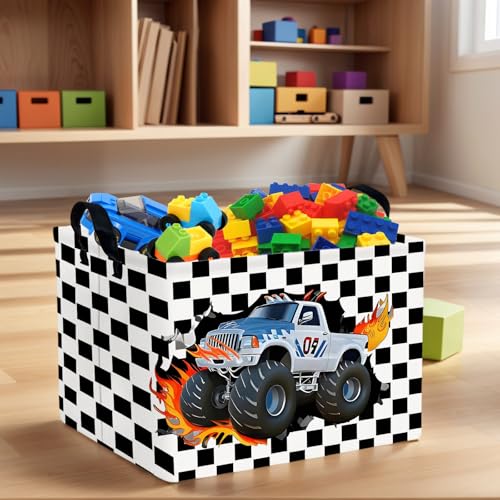Image of Racing Car Storage Basket Monster Truck Toy Book Shelf Basket Kid Room Decor Gift (Black and White Checkered)