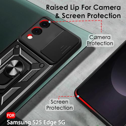 Image of TheGiftKart Tough Armor Bumper Back Cover Case for Samsung Galaxy S25 Edge 5G | Sliding Camera Cover, Kickstand & Ring Holder | 360 Protection Back Cover Case for Samsung S25 Edge (PC & TPU, Black)