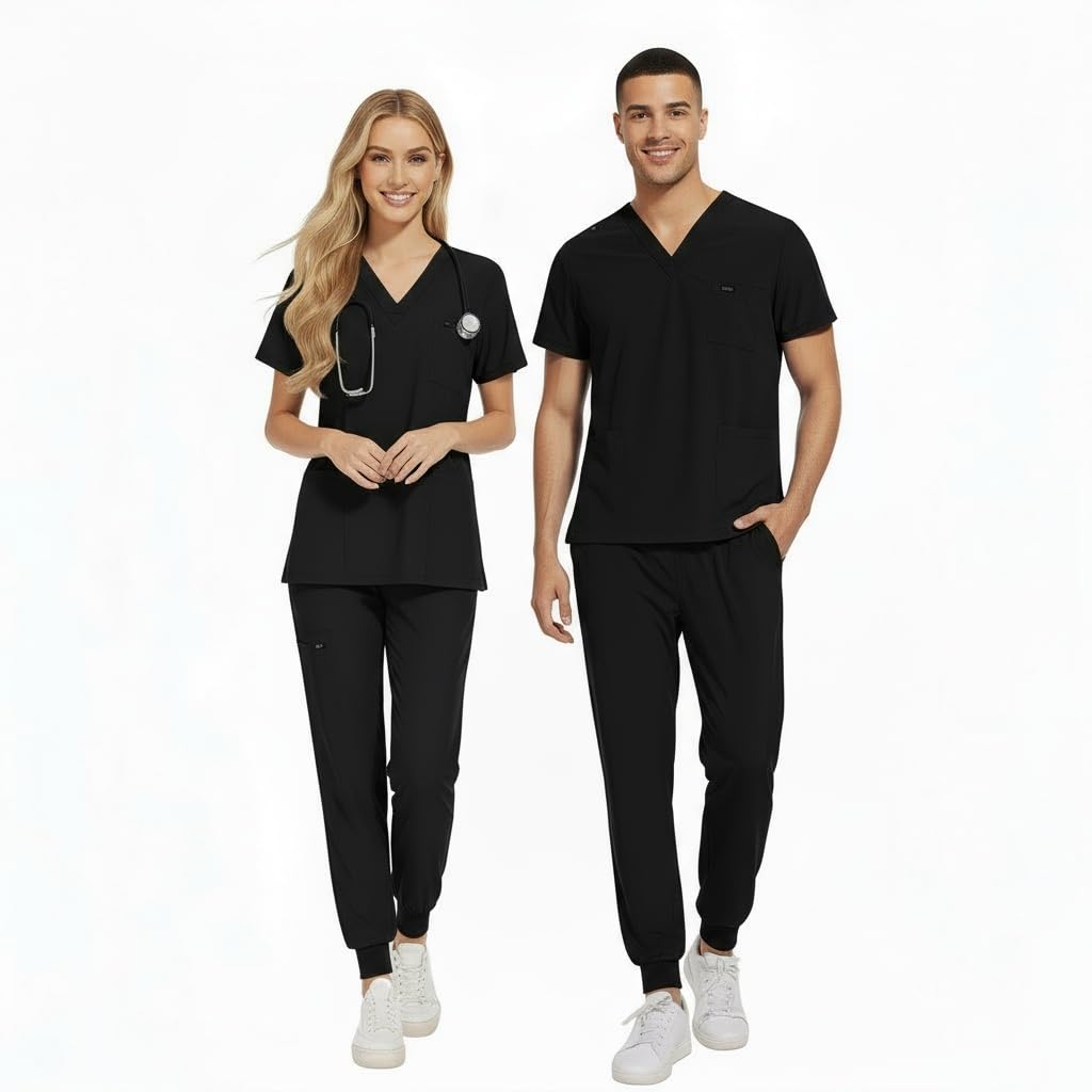 CK13 - Conjunto médico de manga corta con cuello en V y 3 bolsillos, pantalones elásticos que absorben la humedad, uniforme médico