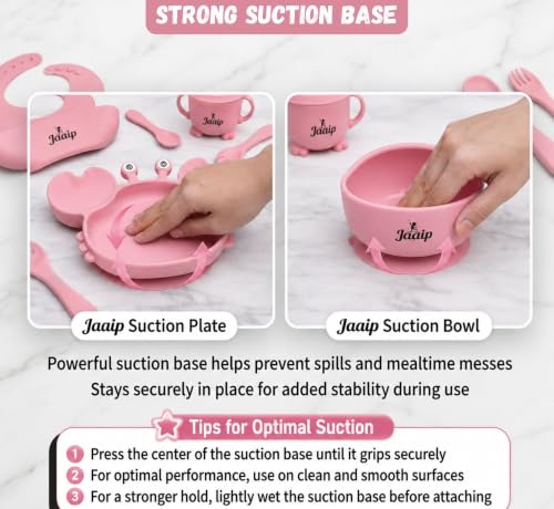 Image of JAAIP Silicone Baby Feeding Set - Suction Plate, bib, Fork, Bowl and Spoon for Products 6 to 12 Months Babies Spoons with Plates for Eating (Pink)
