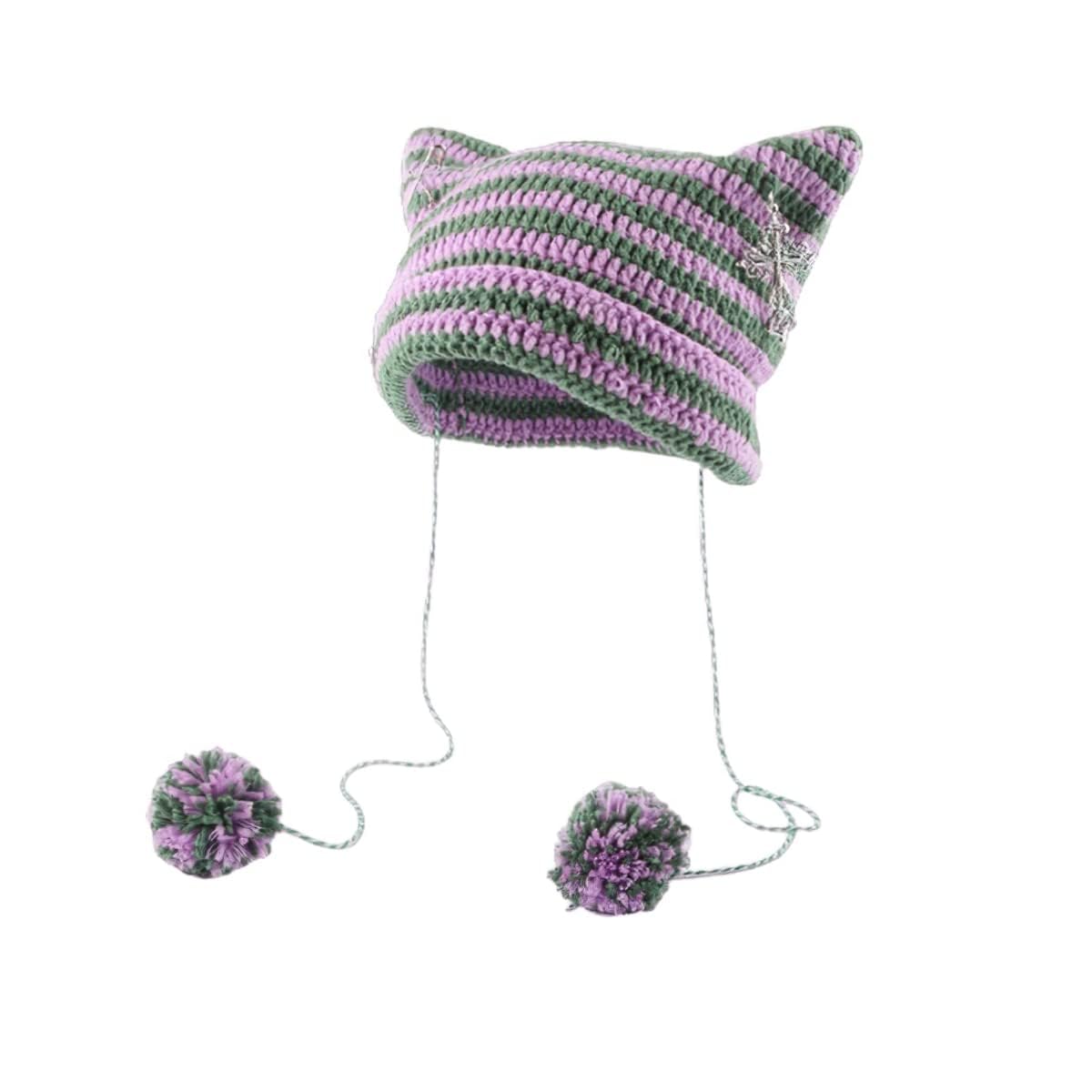 Amazon.com: Cat Ear Crochet Beanie Y2K Gyaru Cross Knitted Hat