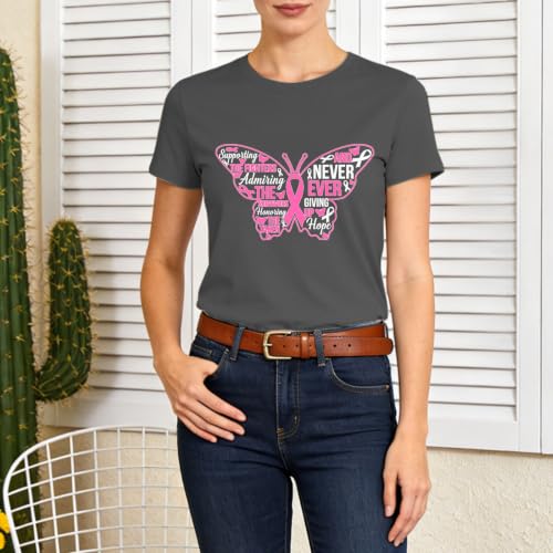 Image of Breast Cancer Survivor Butterfly Shirt for Women-Pink Ribbon Short Sleeve | With Hope Slogan Print Tee Top Ideal for Breast Cancer Group Uniform for Awareness Month & Survivor Memorial Gathering