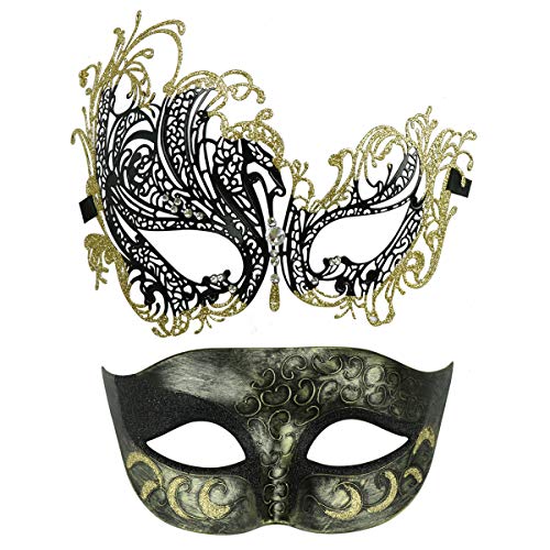 Thmyo Paar Venetiaanse Maskerade Masker, Halloween Carnaval Mardi Gras Balmasker 2 Pack (Antiek Goud +Zwart en Goud)