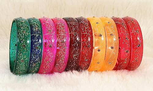 Image of NMII Glass with Glitter and Feather Design Glossy Finished Multicolor Kada Set For Girls and Women