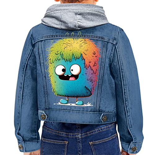 Colorful Monster Toddler Hooded Denim Jacket - Bright Jean Jacket - Graphic Denim Jacket for Kids