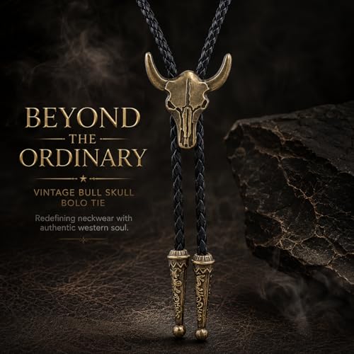 Image of Cowboy Bolo Tie for Men, Vintage Cow Skull Bolo Tie Necklace Native American Necktie for Men Women