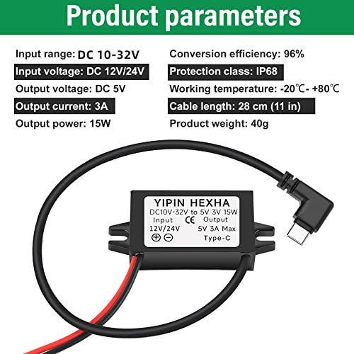 Image of DC 24V /12V to 5V USB Type-C Right Angle Step Down Converter Output 3A 15W Buck Module Power Adapter, Compatible with Raspberry Pi 4, Mobile Phones