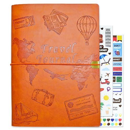 Image of Travel Journal for Women Men and Couples, Leather Travel Notebook with Prompts, Travel Memory Book & Adventure Book (Orange)