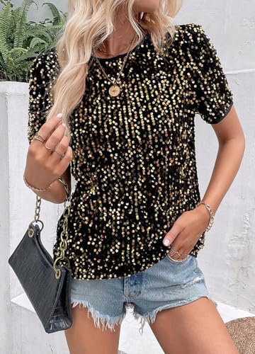Women's Sparkle Sequins T Shirts Casual Short Sleeve Top Shimmer Going Out Rave Top Tee 5