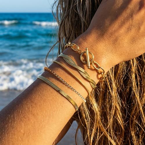 RINHOO Gold Chain Bracelets Set for Women - Trendy Paperclip Snake Link Layered Bracelets 18K Gold Plated Stainless Steel Stackable Wrist Jewelry Aesthetic Preppy Gifts (Gold-Style 3, 5) - image 3