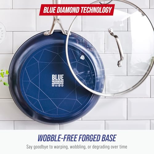Image of Blue Diamond 12 inch Nonstick Frying Pan with Lid, Diamond Infused PFAS & PTFE-Free Ceramic Skillet, Dishwasher & Oven Safe, Stay Cool Handle, Durable Non Toxic Metal Utensil Safe, Glass Lid, Blue