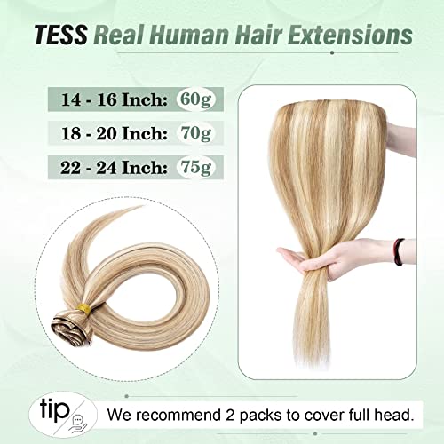 TESS Human Hair Extensions Clip in Real Hair Highlight Remy 5 Pieces Straight Natural Hairpieces for Women/Girls (#12P613 Golden Brown & Bleach Blonde - Image 4